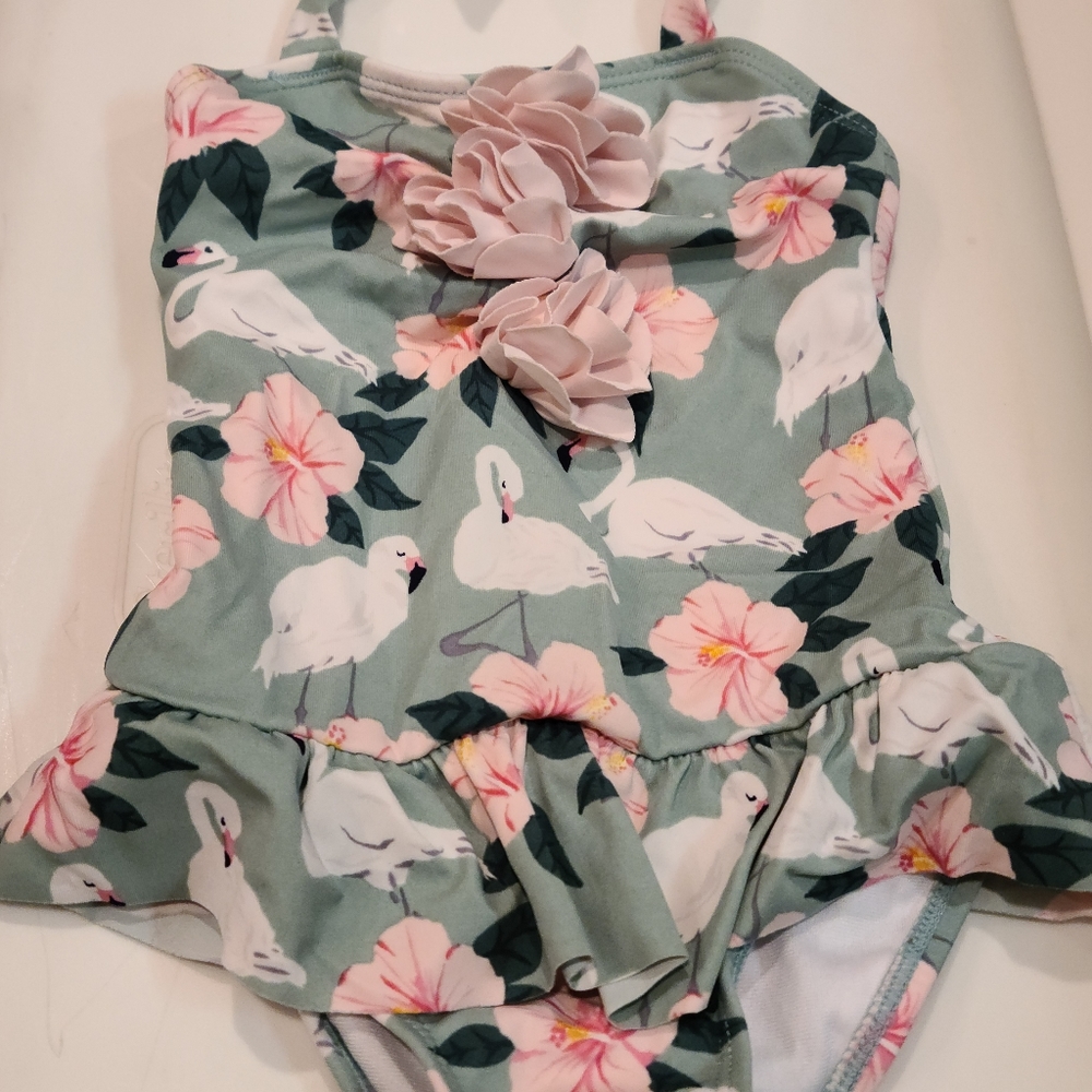 Janie and jack Green and pink swan swimsuit